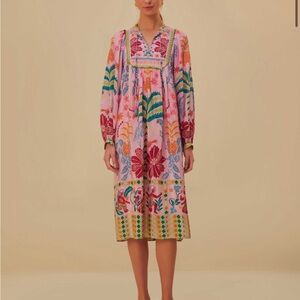 FARM Rio Queen Fruits Scarf Midi Dress, XL, Pink, 🍎 🍌 🍉